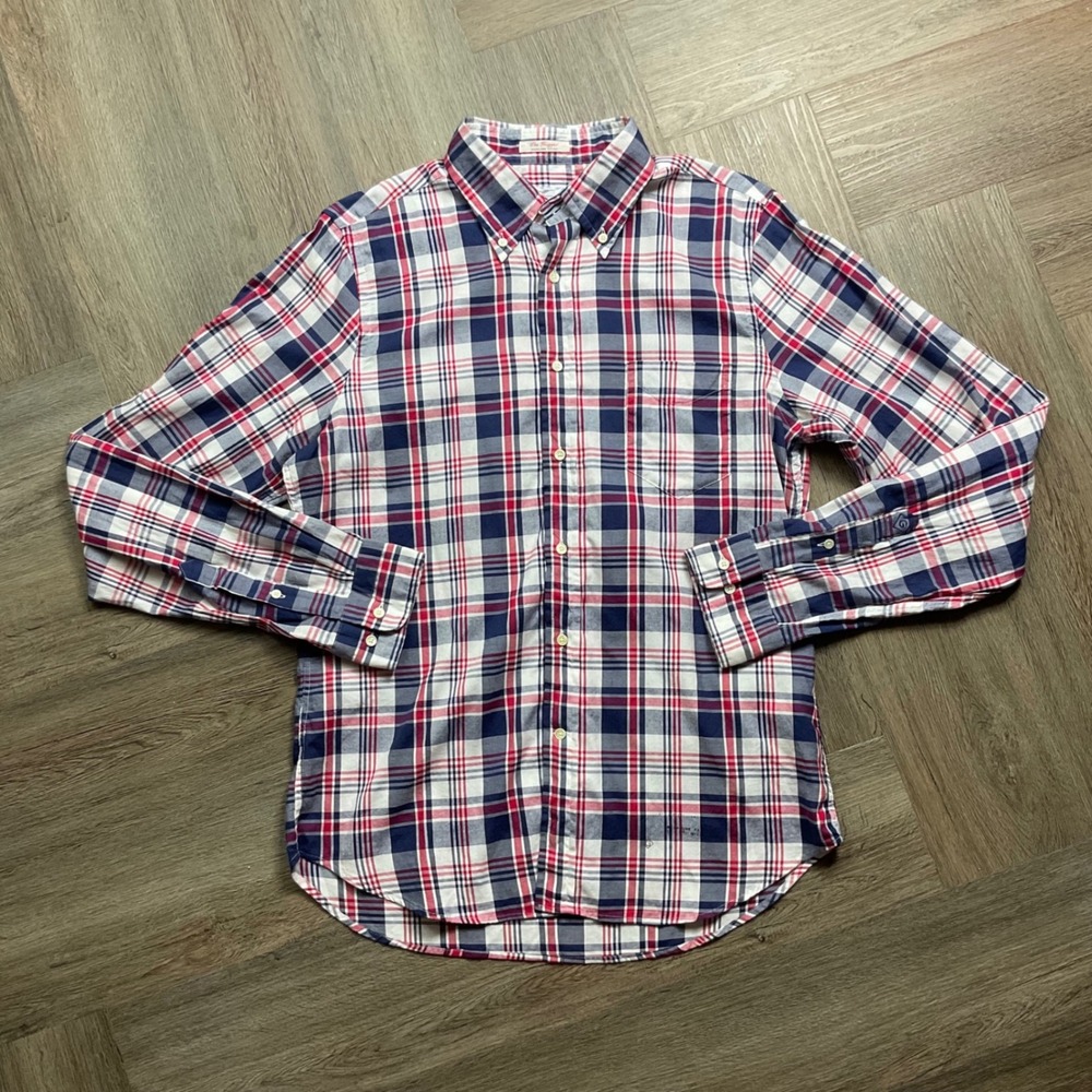 GANT Rugger The Hugger Windblown Oxford Shirt Mens Medium Red Blue Plaid Slim